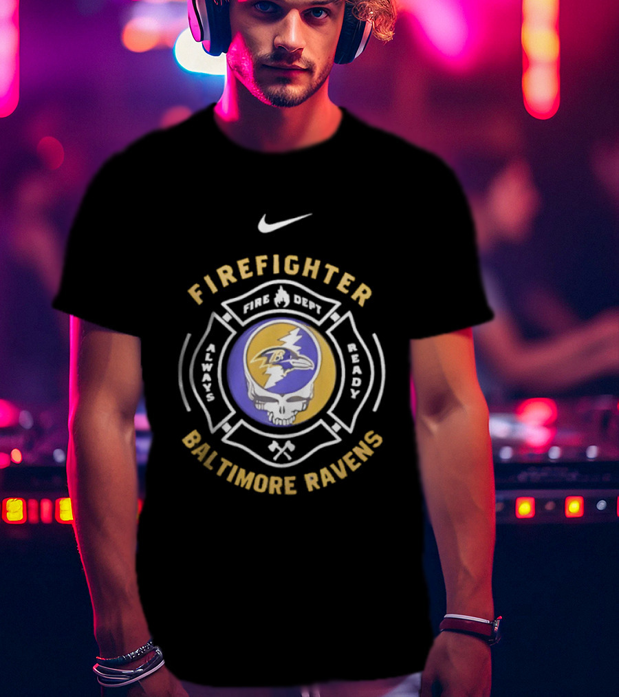 Nike Baltimore Ravens Grateful Dead Firefighter Ravens Heads SFDNY Station 26 Engine 58 T-Shirt