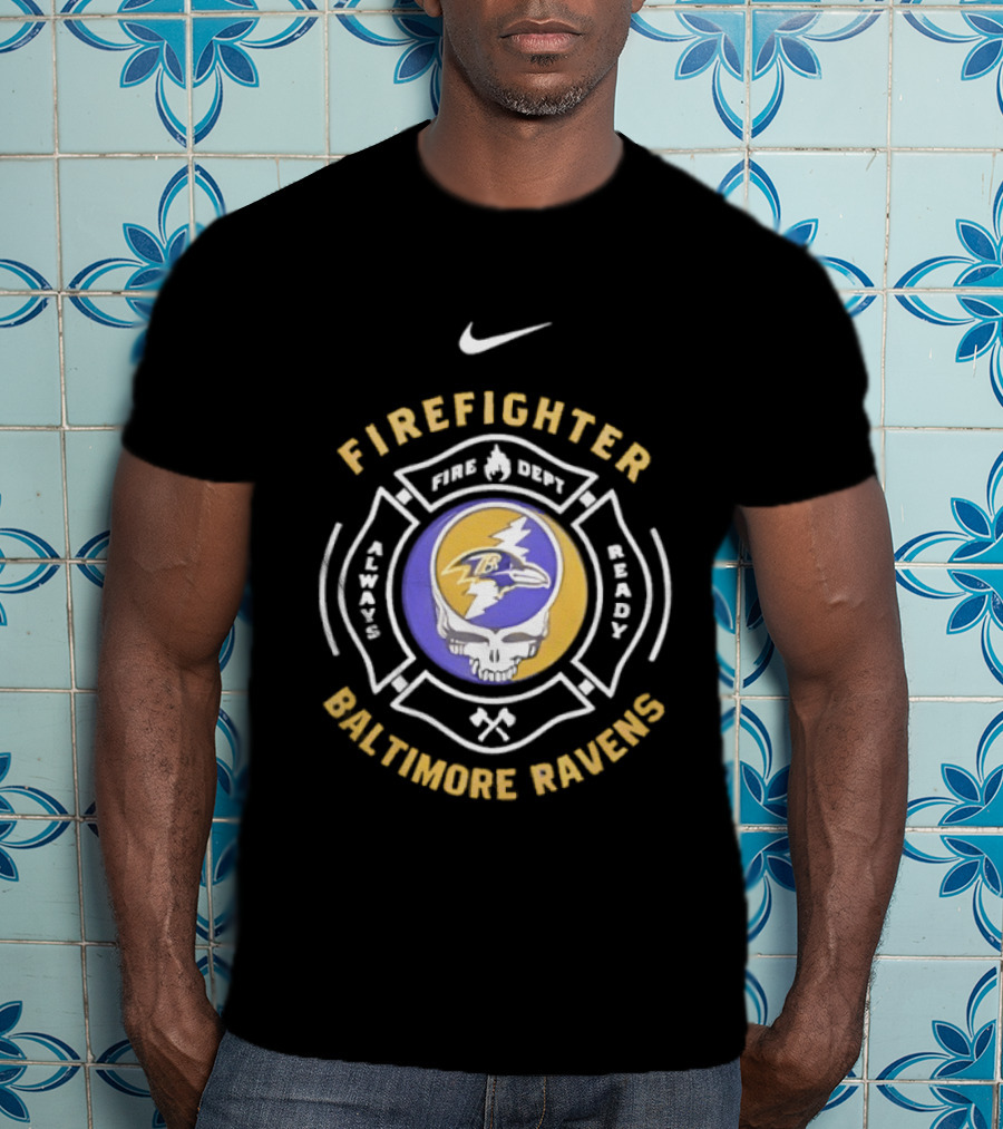 Nike Baltimore Ravens Grateful Dead Firefighter Ravens Heads SFDNY Station 26 Engine 58 T-Shirt