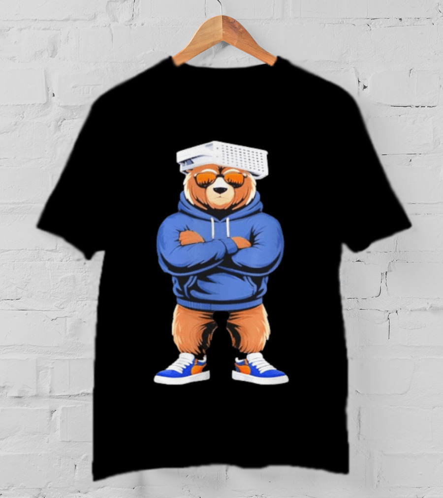 Bear With Cheese Grater Hat And Cool Sunglasses In Blue T-Shirt