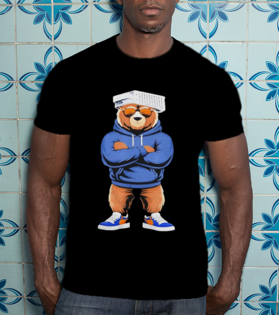 Bear With Cheese Grater Hat And Cool Sunglasses In Blue T-Shirt