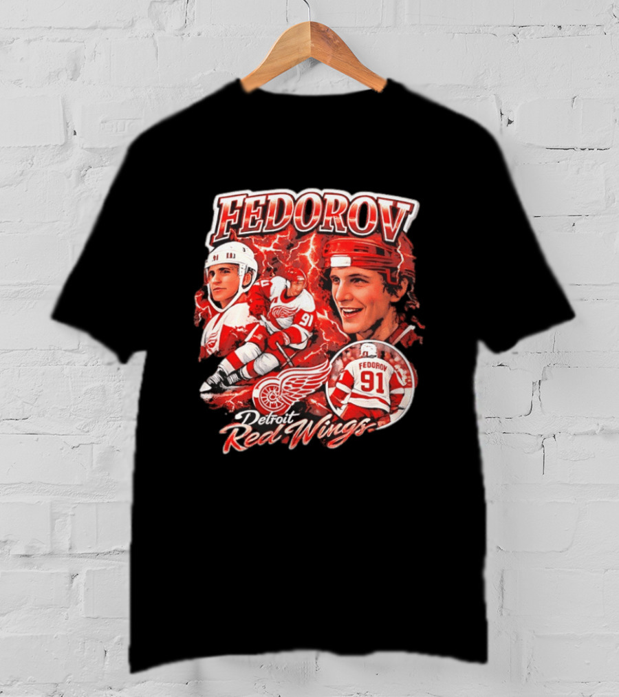 Fedorov 91 Detroit Red Wings Vintage Hockey Hero T-Shirt