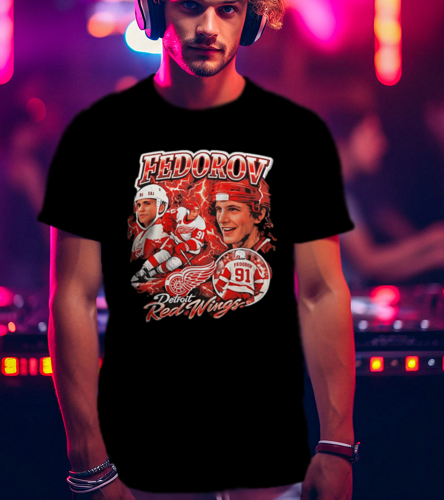 Fedorov 91 Detroit Red Wings Vintage Hockey Hero T-Shirt
