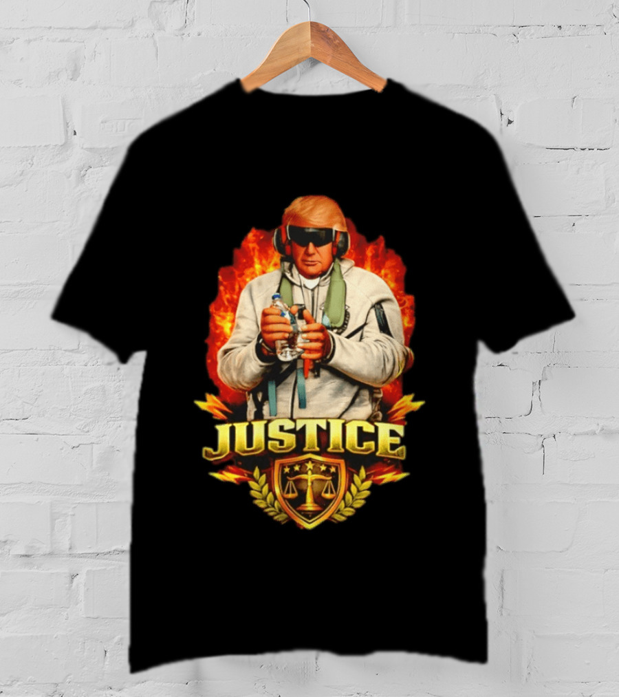 Justice Trump Flaming Background Holding Water Scales Of Justice T-Shirt