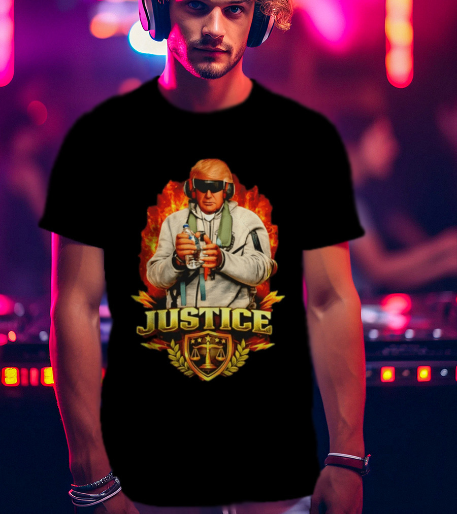 Justice Trump Flaming Background Holding Water Scales Of Justice T-Shirt