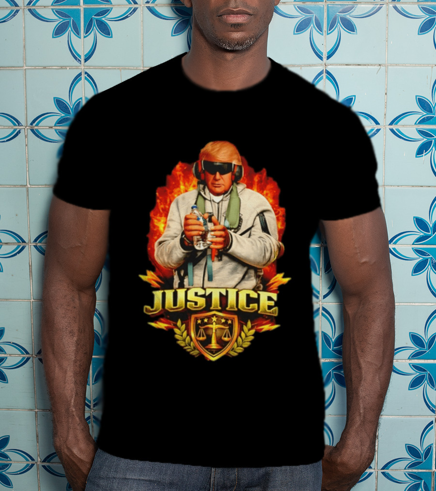 Justice Trump Flaming Background Holding Water Scales Of Justice T-Shirt