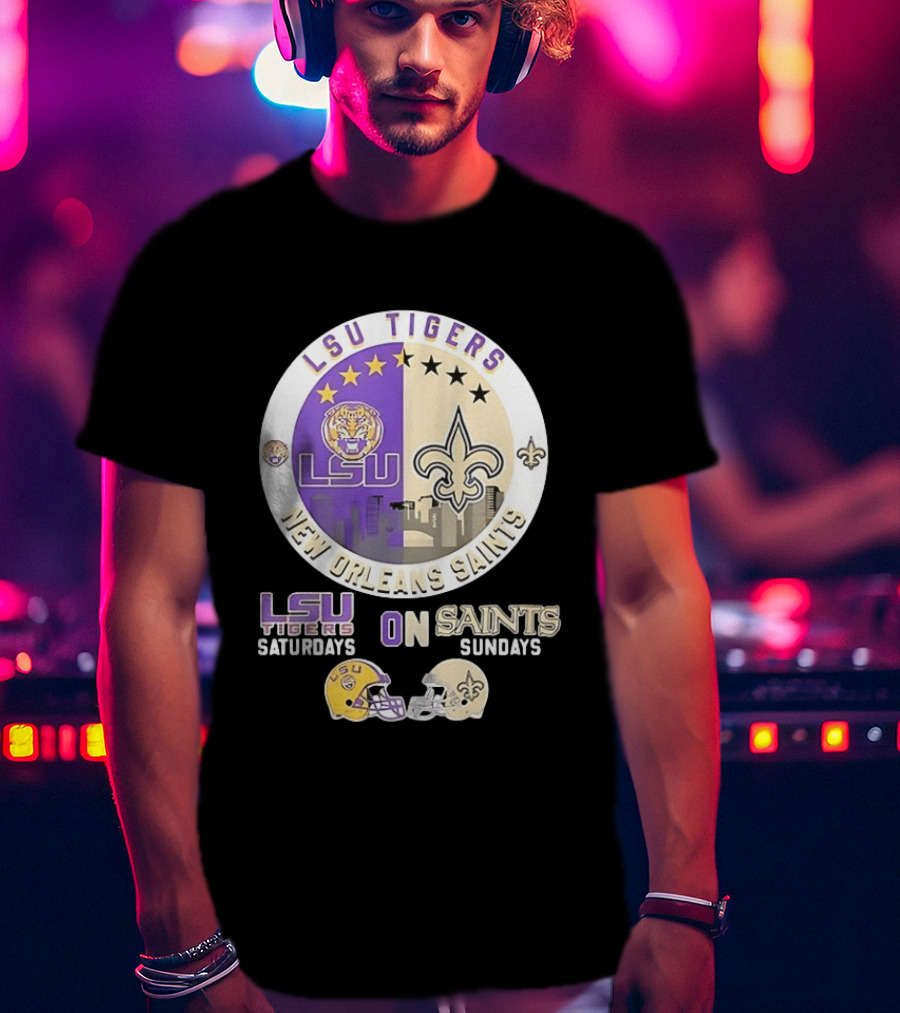 LSU Tigers Saturdays New Orleans Saints Sundays Mashup Helmet T-Shirt