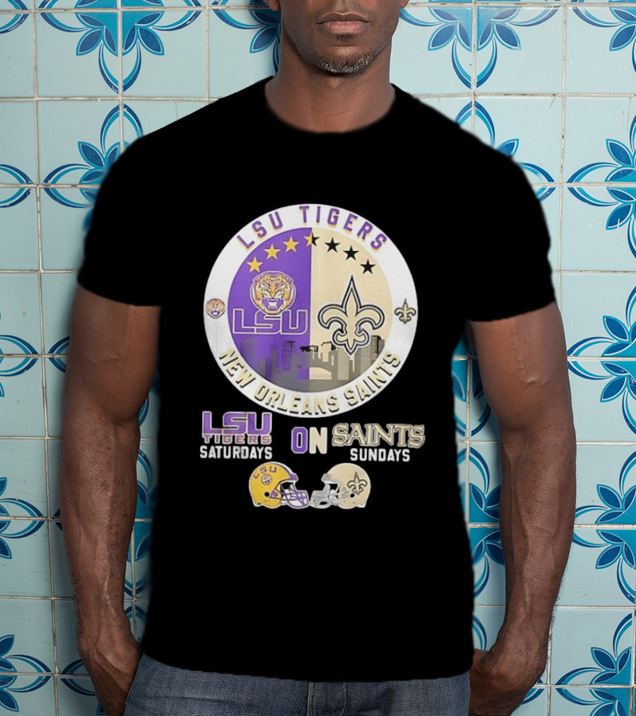 LSU Tigers Saturdays New Orleans Saints Sundays Mashup Helmet T-Shirt