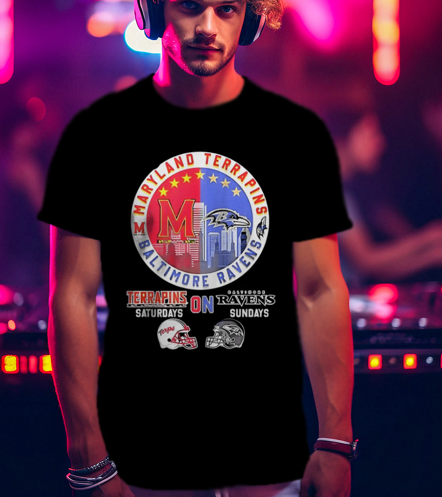 Maryland Terrapins Saturdays Baltimore Ravens Sundays Mashup Helmet T-Shirt