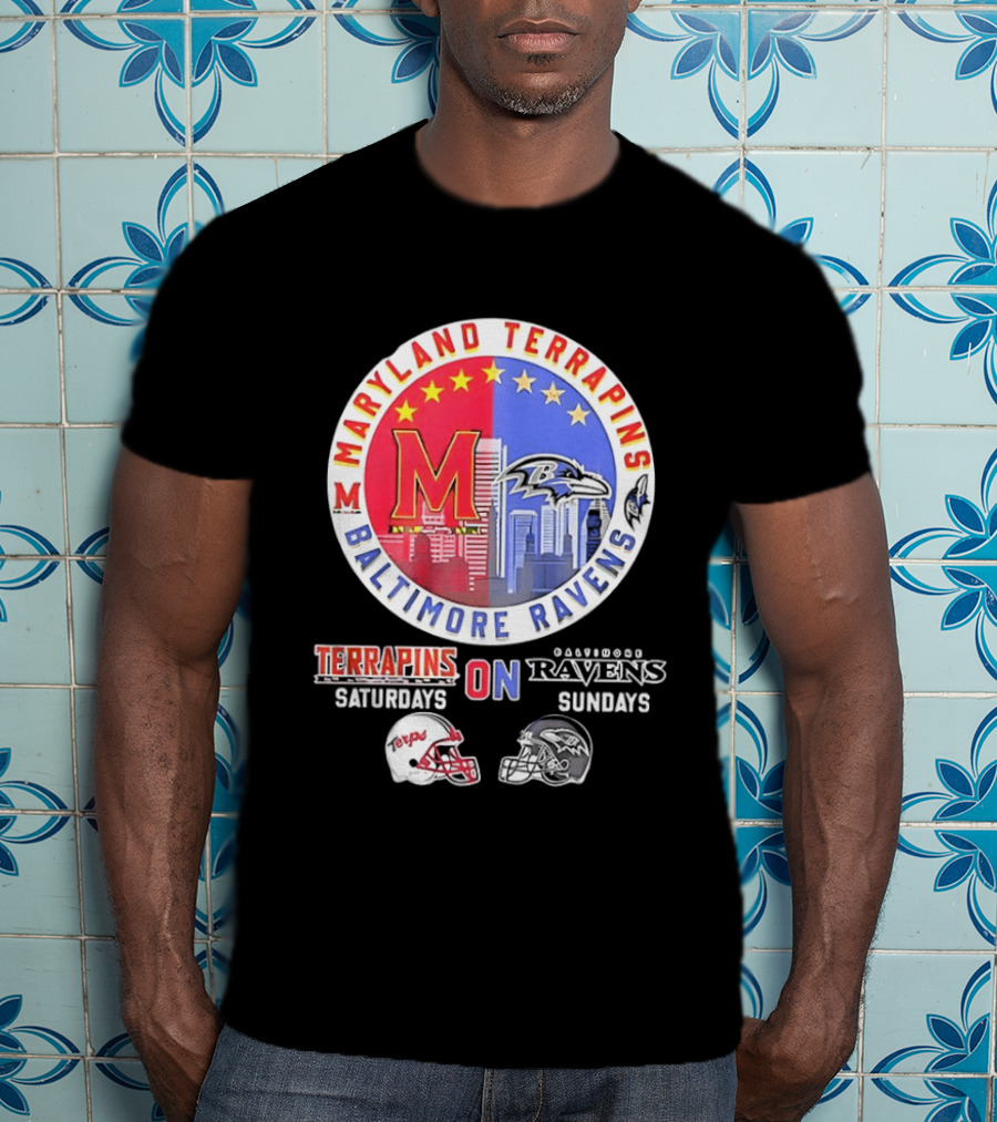Maryland Terrapins Saturdays Baltimore Ravens Sundays Mashup Helmet T-Shirt