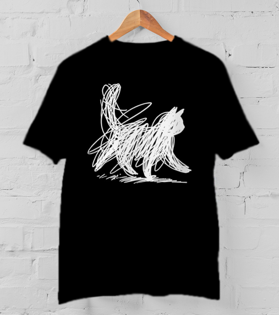Scribble Cat Minimal Line Art Japanese T-Shirt