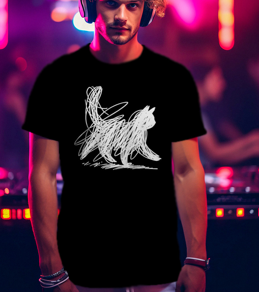 Scribble Cat Minimal Line Art Japanese T-Shirt