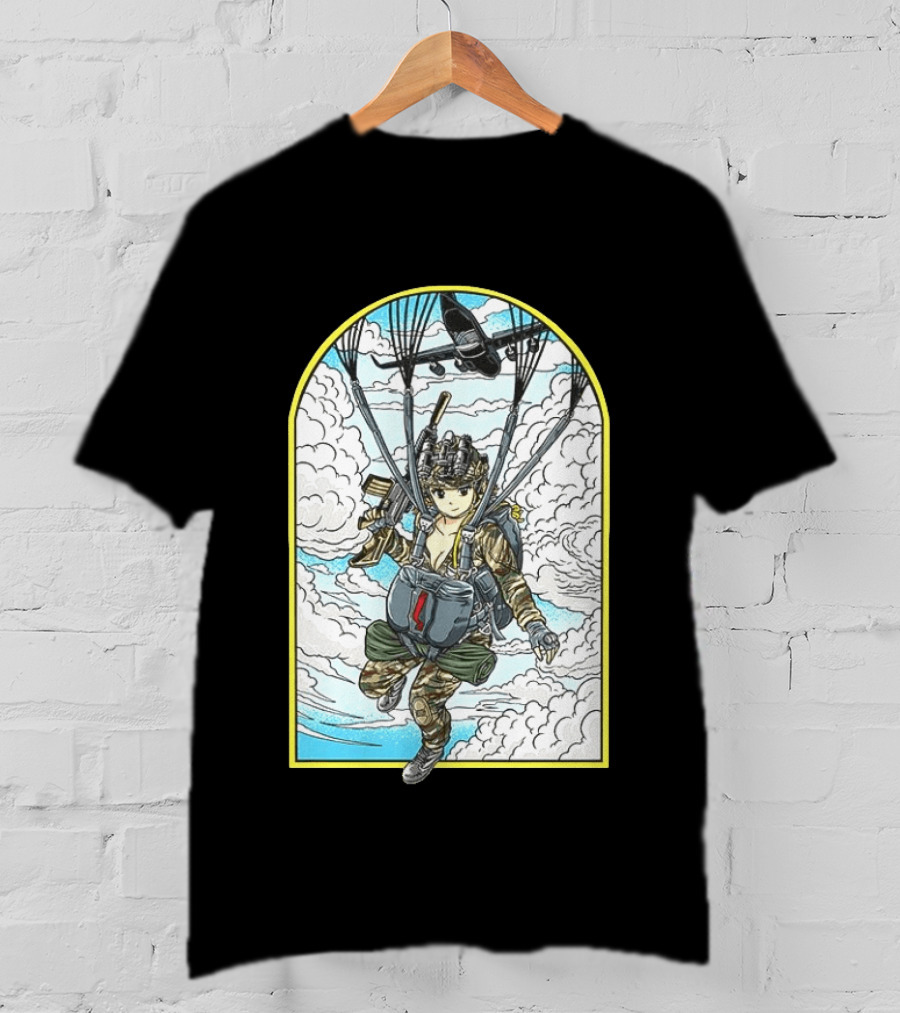 Sky Waifu Anime Paratrooper With Clouds And Plane T-Shirt