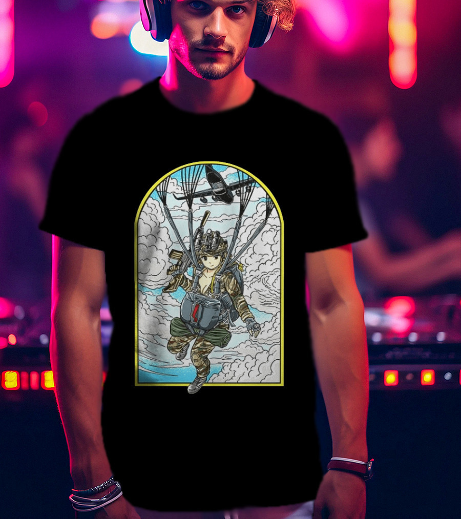 Sky Waifu Anime Paratrooper With Clouds And Plane T-Shirt