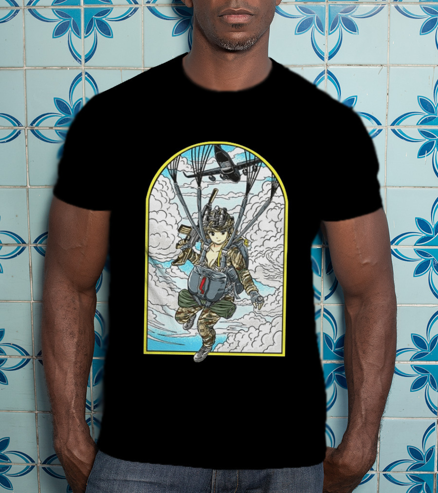 Sky Waifu Anime Paratrooper With Clouds And Plane T-Shirt