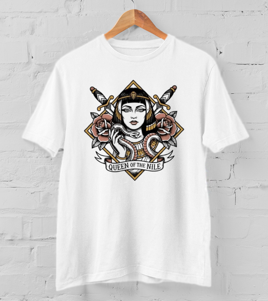 Queen Of The Nile Cleopatra Egyptian Iconic Imagery With Swords And Flowers T-Shirt