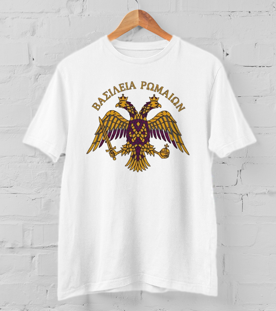 ΒΑΣΙΛΕΙΑ ΡΩΜΑΙΩΝ Byzantine Double Headed Eagle Symbol Greek Orthodox Heritage T-Shirt