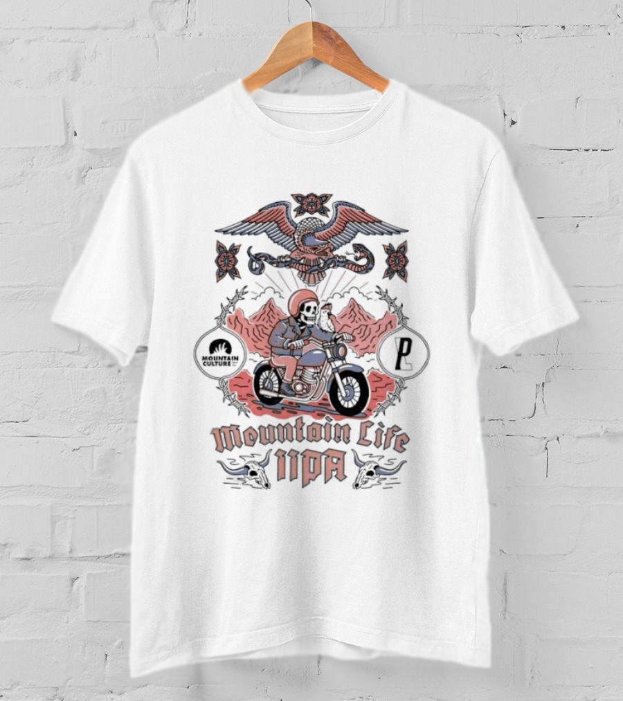 Mountain Life IIPA Skeleton Riding Motorcycle Under Eagle T-Shirt