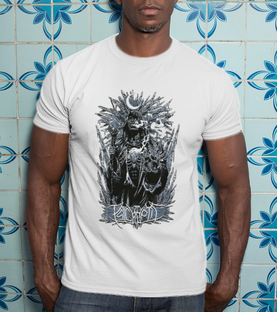 Psycroptic Ice Demon Moonlit Sorcerer Holding Crystal Staff And Skull T-Shirt