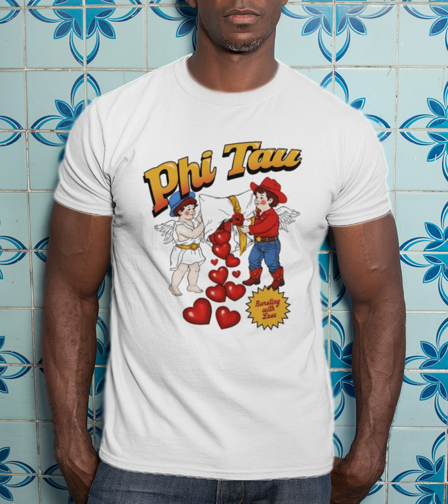 Phi Tau Valentine's Cupid And Cowboy Bursting With Love Hearts T-Shirt