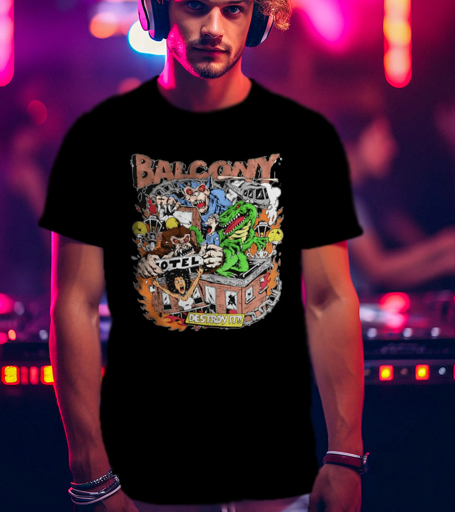 Balcony Hotel Rampage Cartoon Destroy It Monsters And Chaos T-Shirt