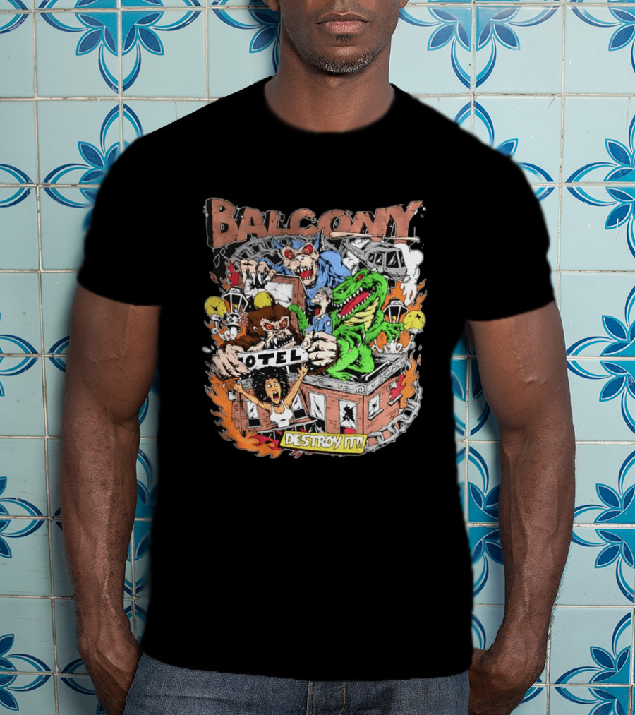 Balcony Hotel Rampage Cartoon Destroy It Monsters And Chaos T-Shirt