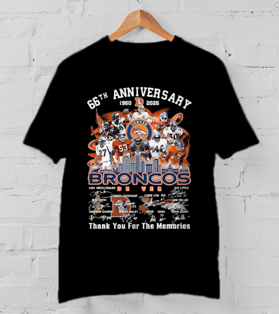 Denver Broncos 66th Anniversary 1959 2023 Thank You For The Memories Skyline Players T-Shirt