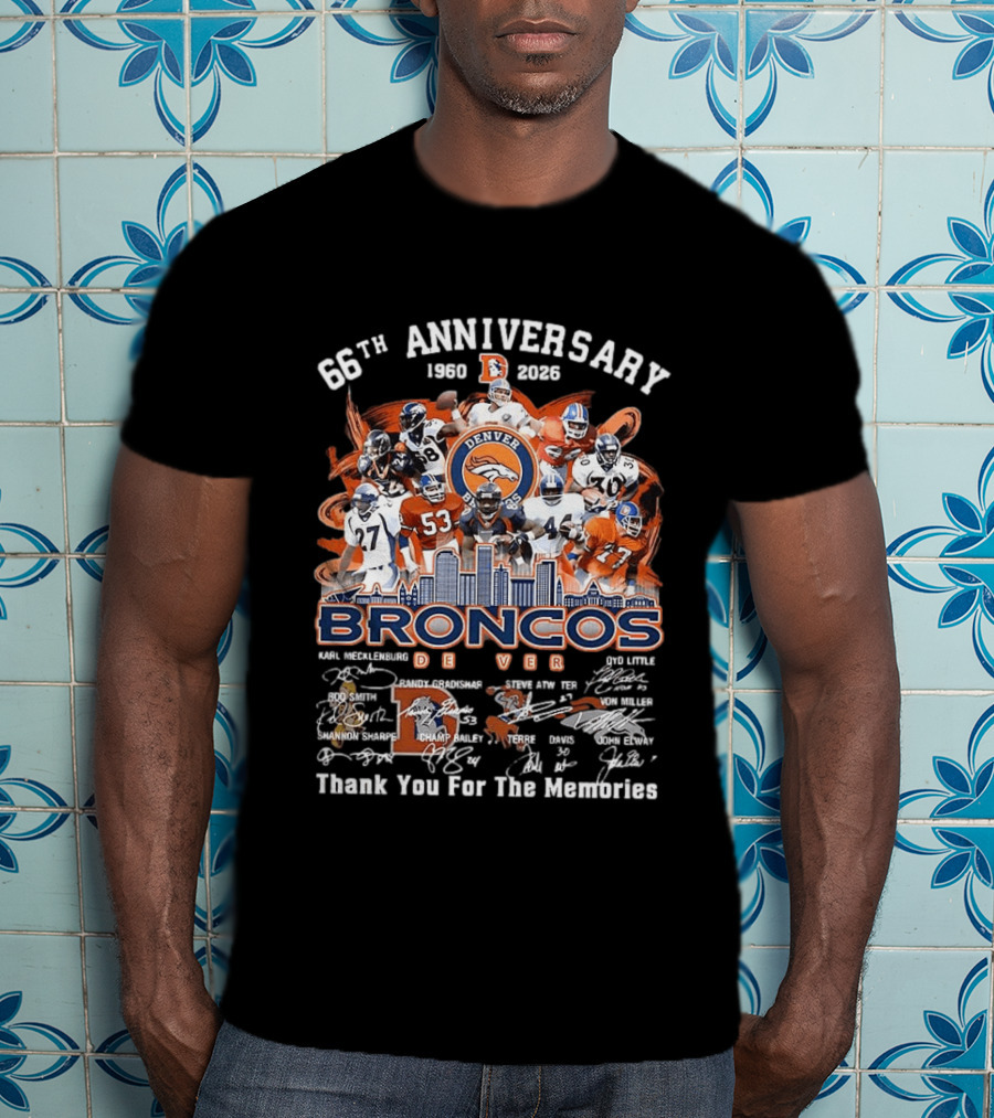Denver Broncos 66th Anniversary 1959 2023 Thank You For The Memories Skyline Players T-Shirt