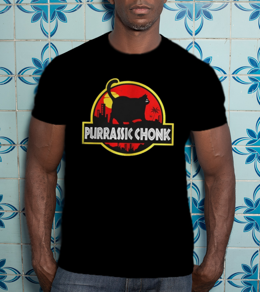 Purrassic Chonk Jurassic Cat Parody With Cat Silhouette On Red Sun T-Shirt