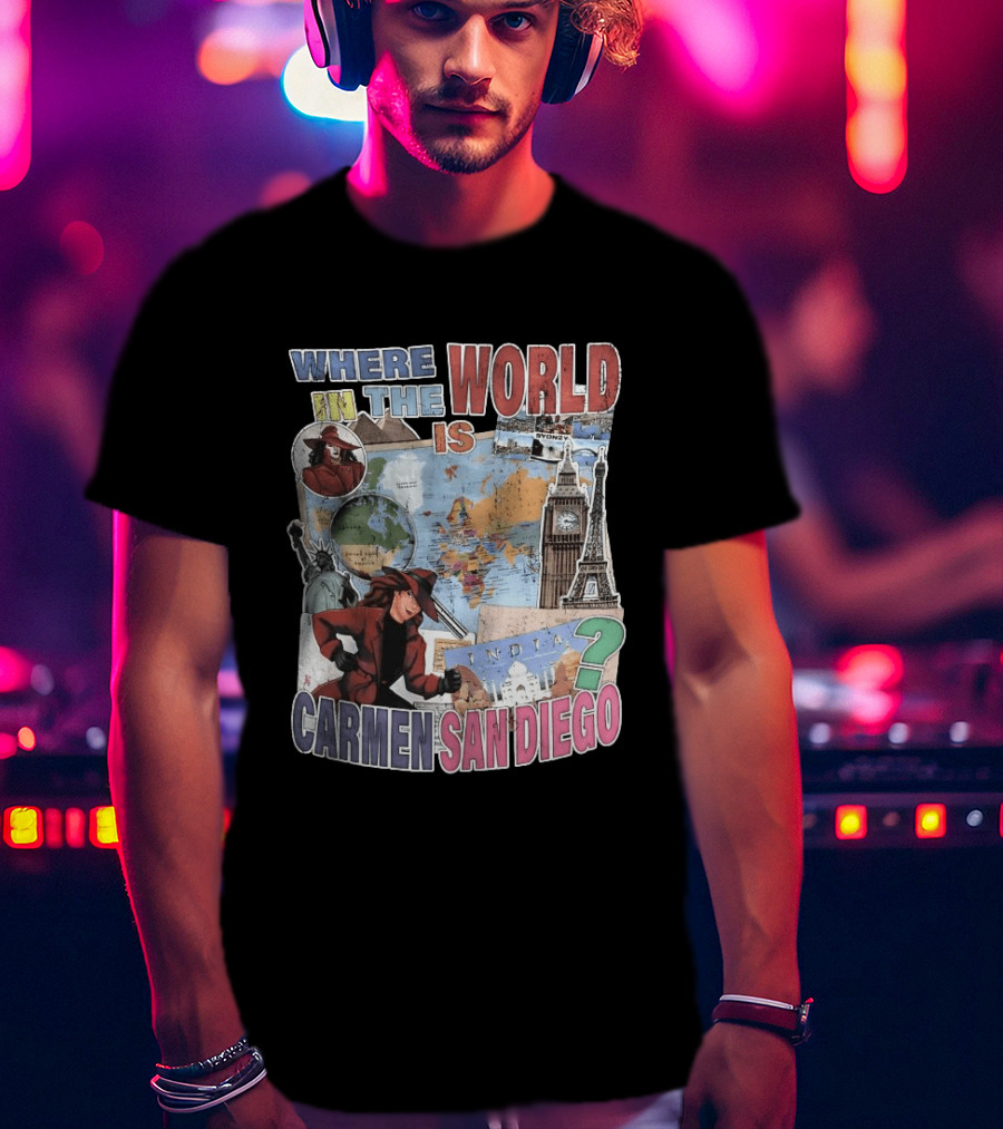 Where In The World Is Carmen Sandiego Map And Landmarks Collage T-Shirt