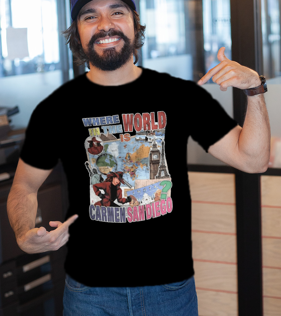 Where In The World Is Carmen Sandiego Map And Landmarks Collage T-Shirt