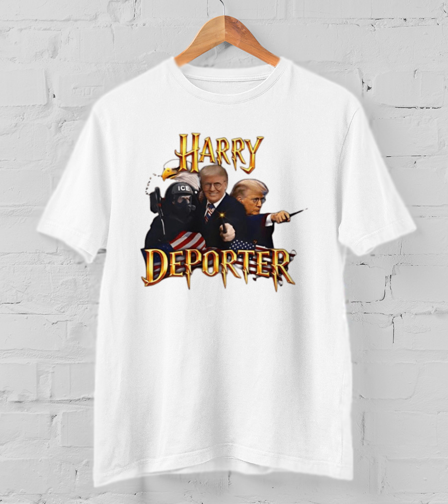 Harry Deporter Trump ICE Caricature American Flag Wand And Eagle T-Shirt
