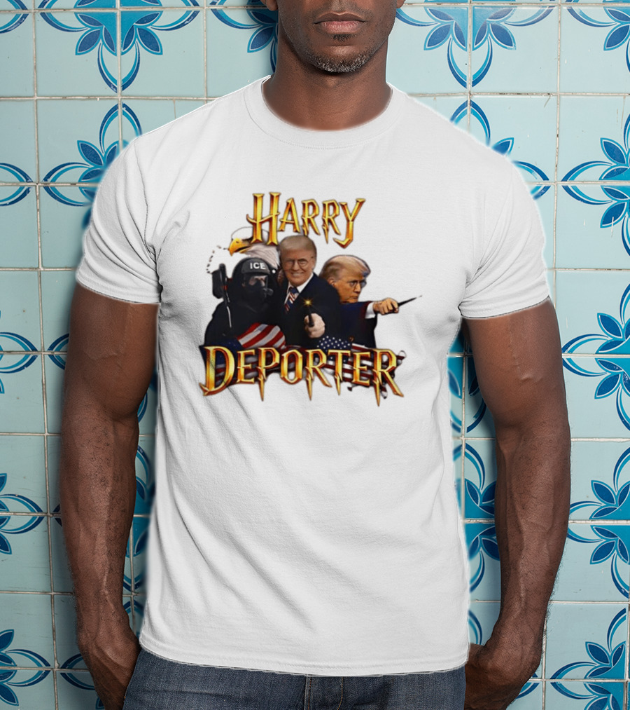 Harry Deporter Trump ICE Caricature American Flag Wand And Eagle T-Shirt