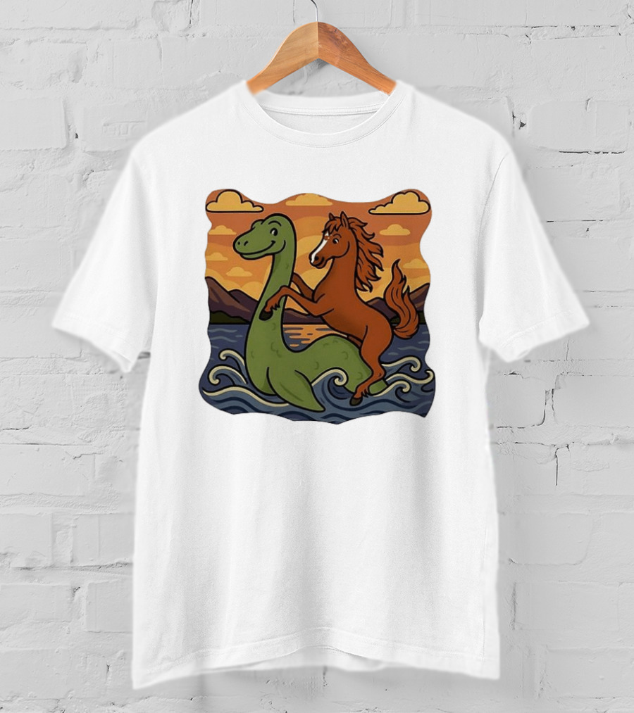 Playful Horse Riding Loch Ness Monster At Sunset Scene T-Shirt