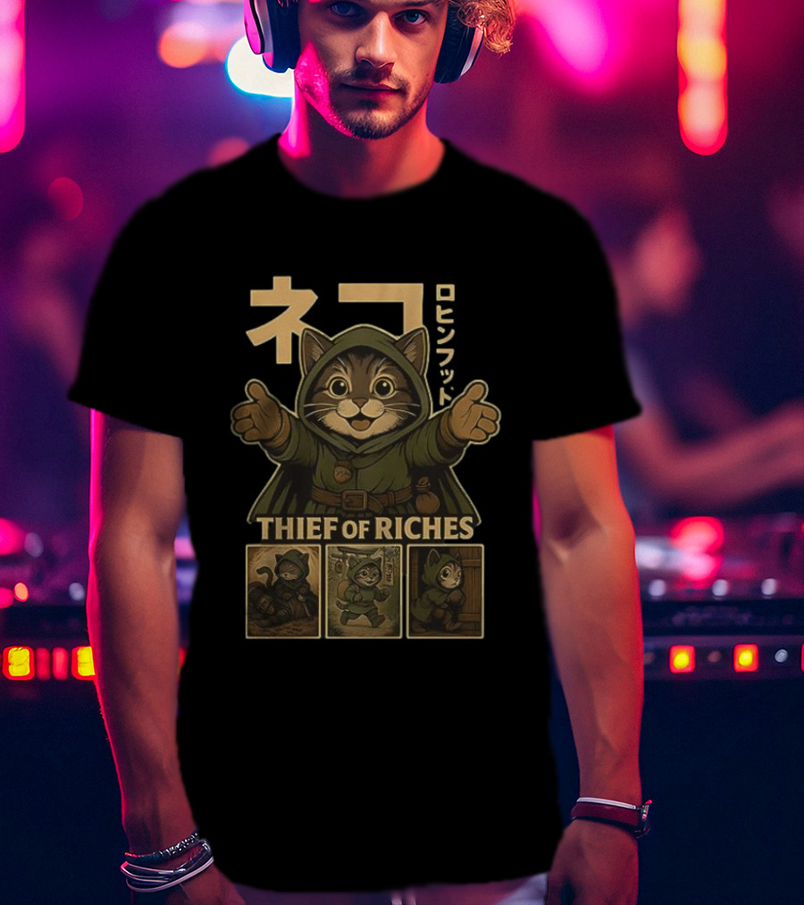 Cat Thief Of Riches Japanese Text Playful Robber T-Shirt