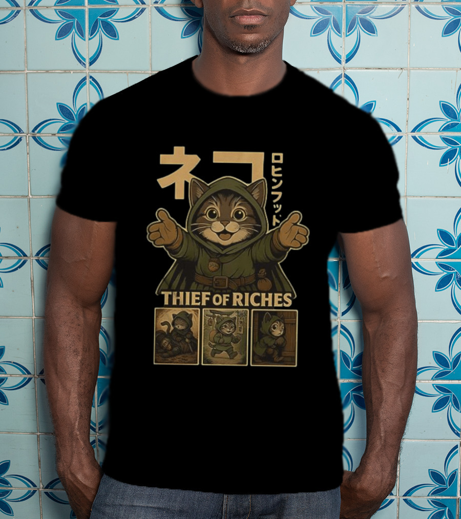 Cat Thief Of Riches Japanese Text Playful Robber T-Shirt