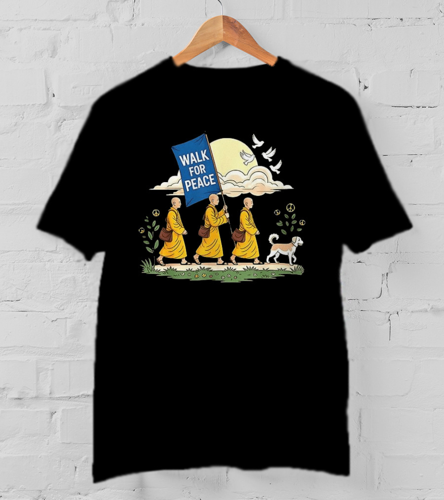 Walk For Peace Buddhist Monks And Dog Journey With Doves And Peace T-Shirt