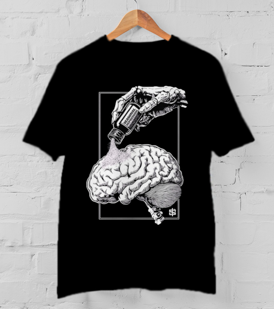 Seasonal Depression Skeleton Hand Pouring On Brain T-Shirt