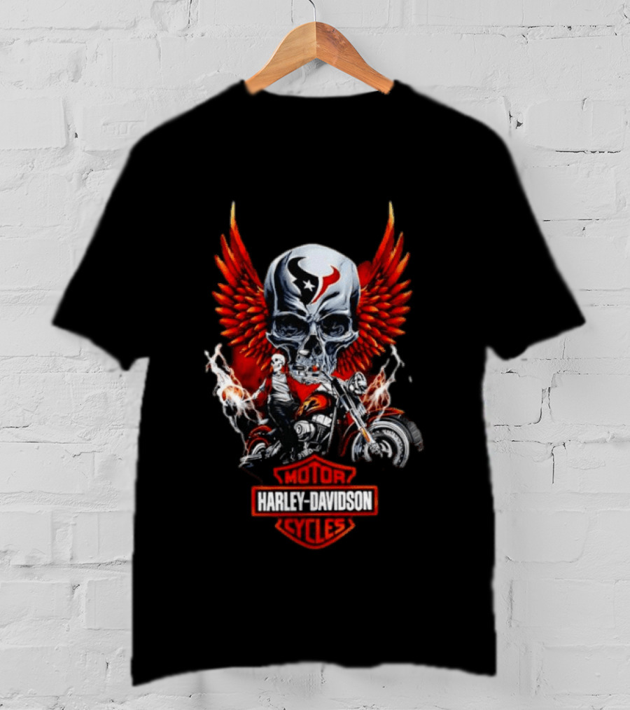 Houston Texans Harley Davidson Motorcycles Skull Wings Red Flames T-Shirt