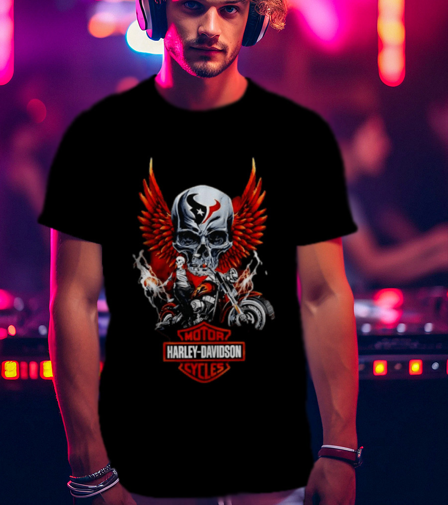 Houston Texans Harley Davidson Motorcycles Skull Wings Red Flames T-Shirt