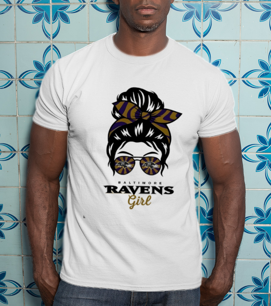 Baltimore Ravens Girl Messy Bun Glasses Bow Fan Gear T-Shirt