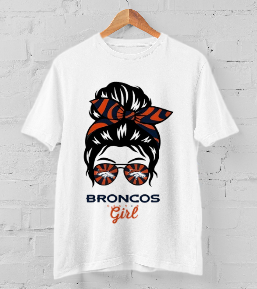 Broncos Girl Messy Bun Glasses And Bow T-Shirt