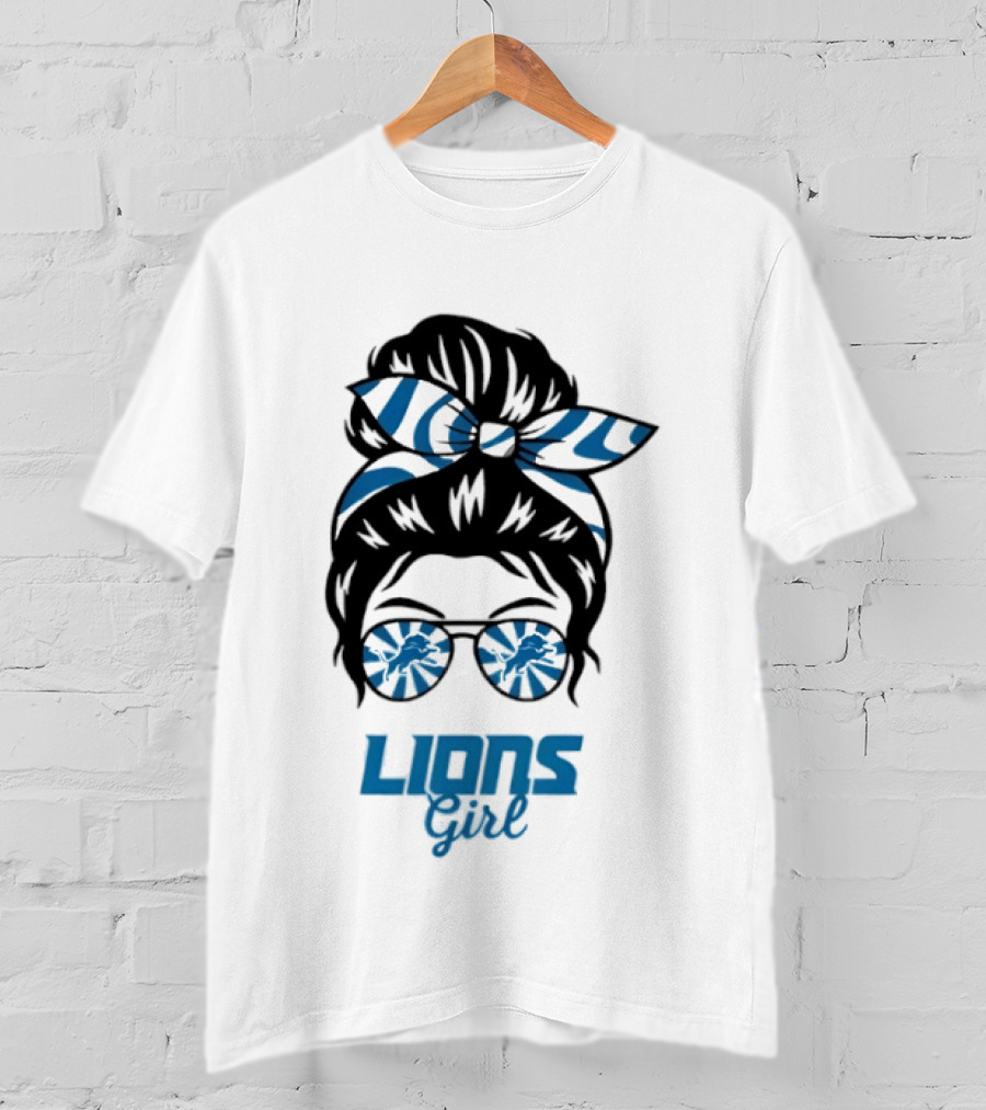 Detroit Lions Girl Glasses Messy Bun T-Shirt