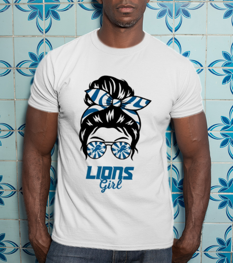 Detroit Lions Girl Glasses Messy Bun T-Shirt