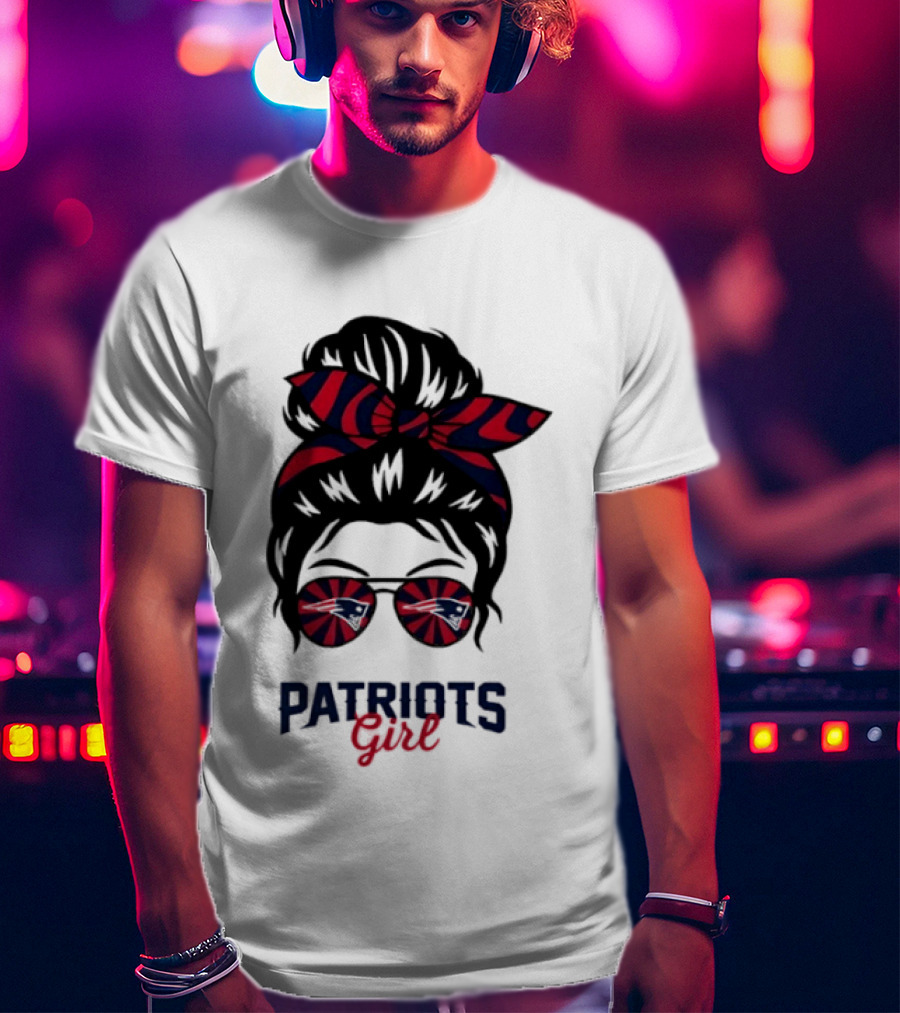 Patriots Girl Messy Bun Glasses Red Blue Bow Fan T-Shirt