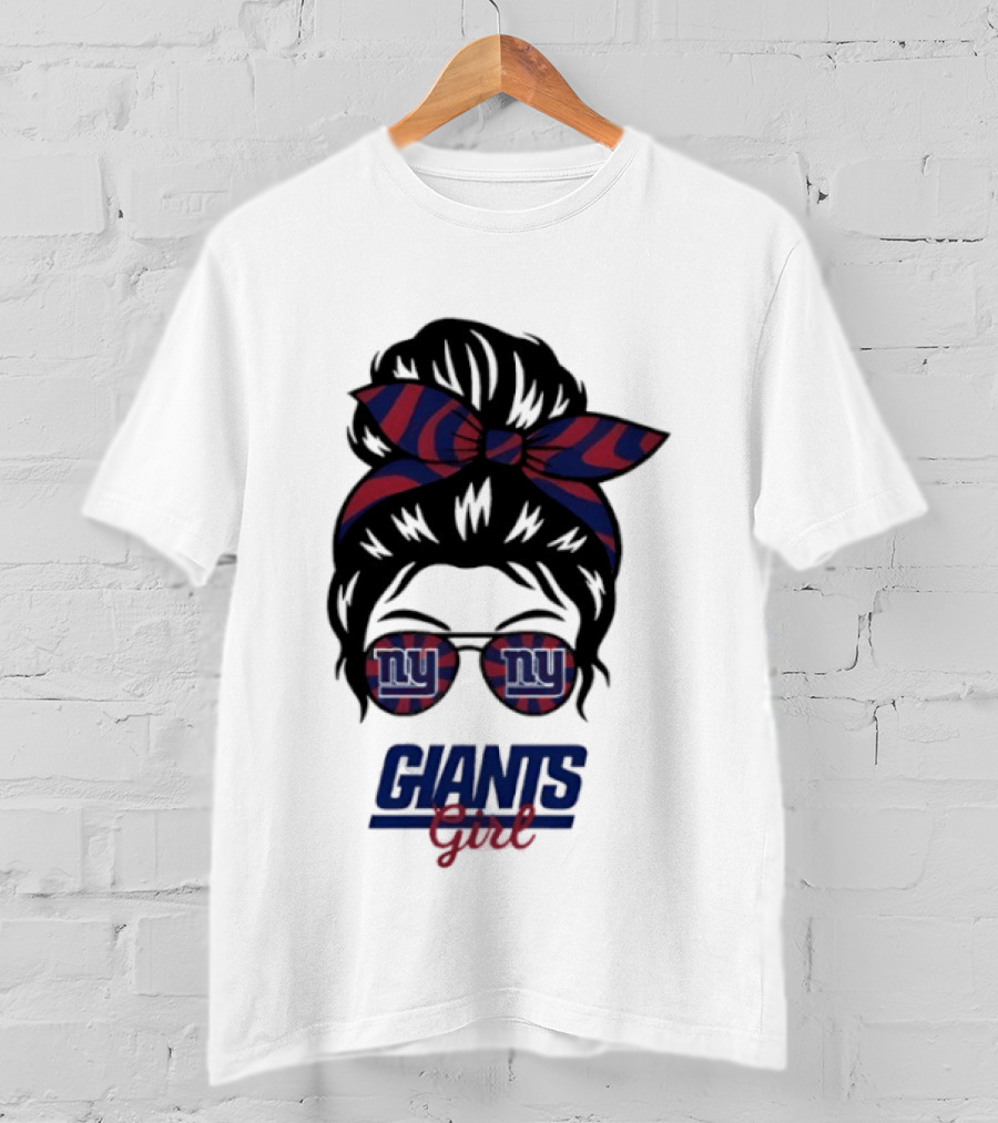 New York Giants Girl Messy Bun Glasses Bow T-Shirt
