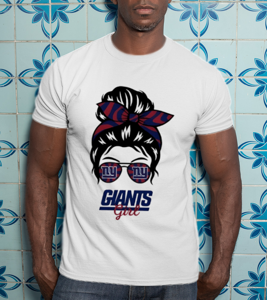 New York Giants Girl Messy Bun Glasses Bow T-Shirt