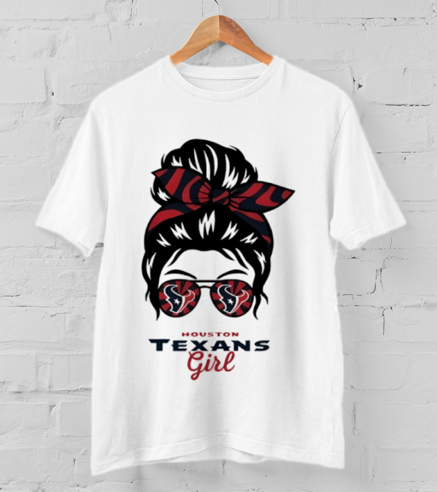Houston Texans Girl Messy Bun Bow Sunglasses T-Shirt