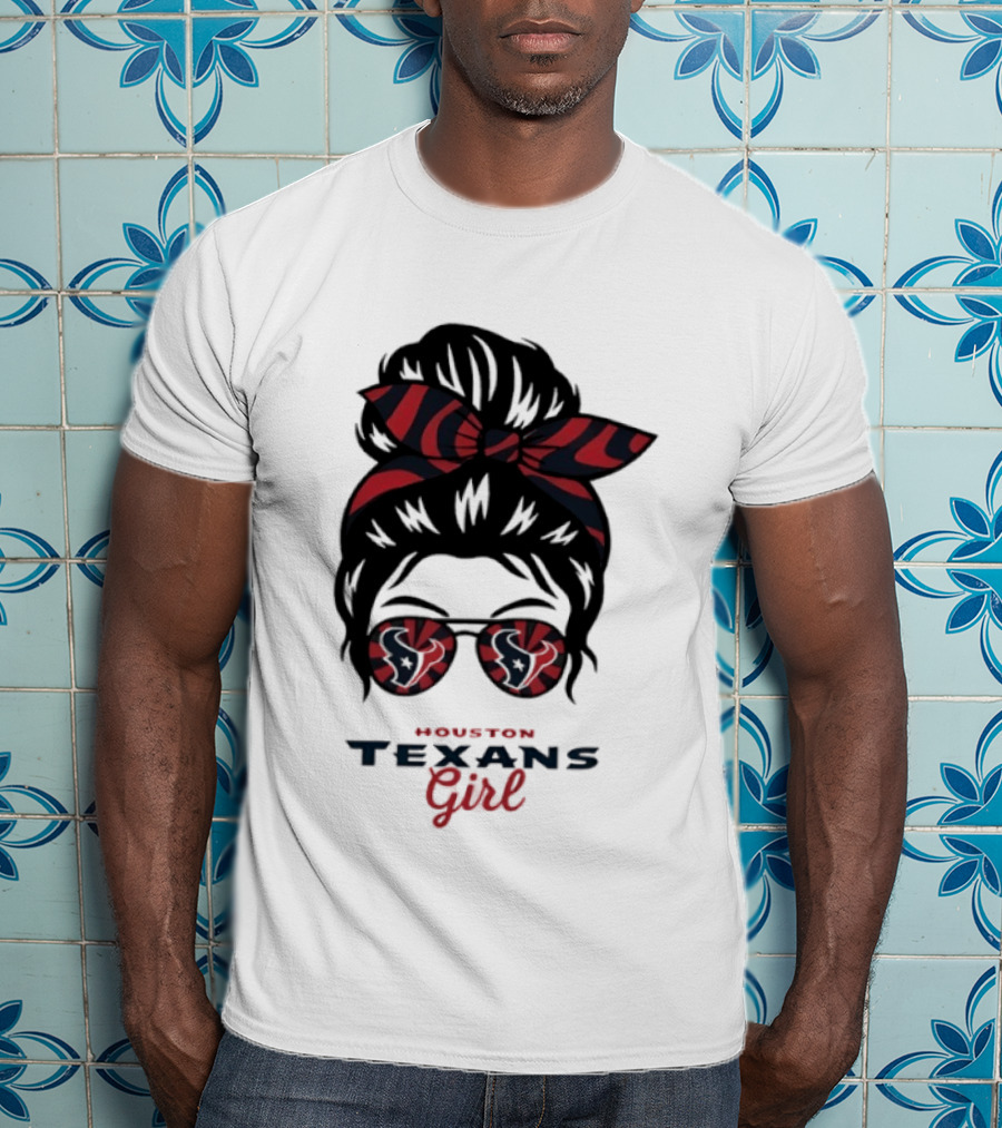 Houston Texans Girl Messy Bun Bow Sunglasses T-Shirt