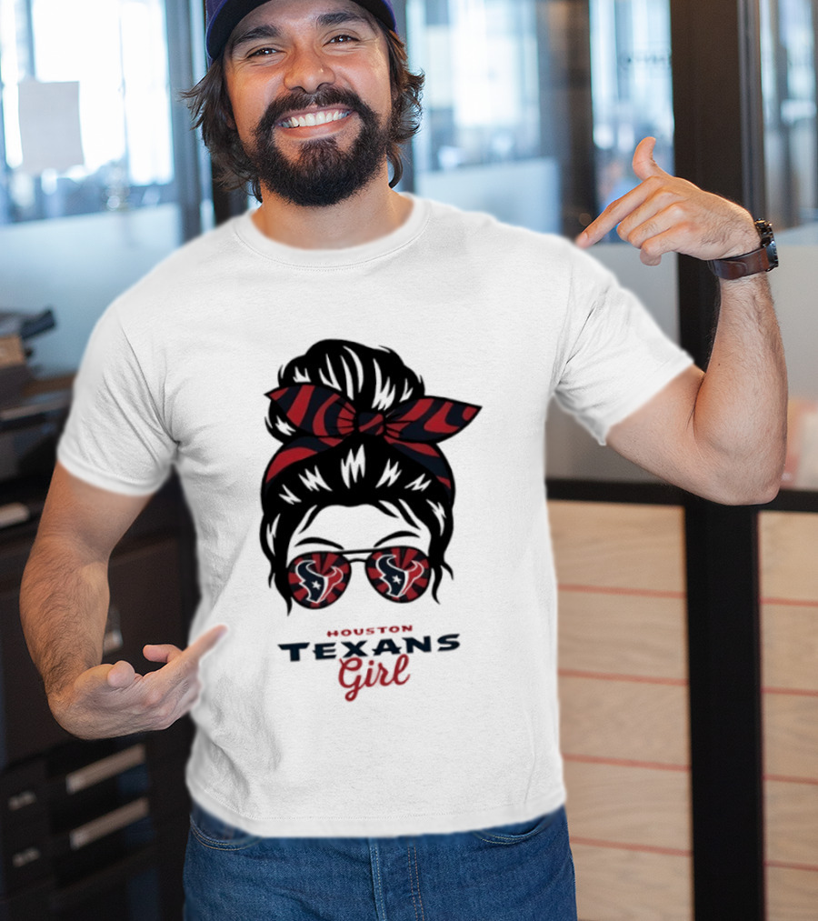 Houston Texans Girl Messy Bun Bow Sunglasses T-Shirt