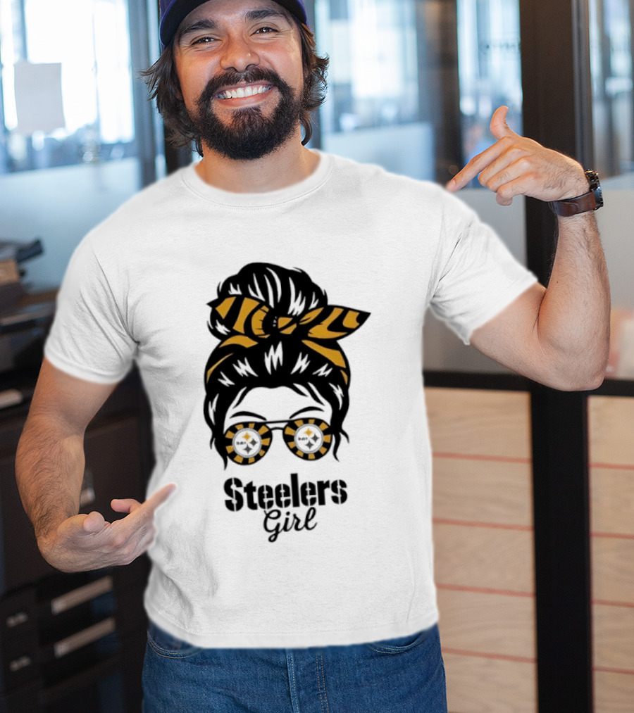 Pittsburgh Steelers Girl Messy Bun Glasses Black Gold Fan T-Shirt